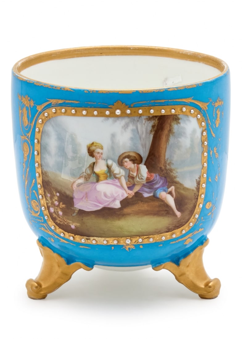 Antique French Porcelain Planter in Sevres Style, Signed: Antique French Porcelain Planter in Sevres Style, Signed, Front decorated with a hand painting surrounded by pearls on a turquoise background (Celeste Blue, Bleu C?leste). Late 19th or early 20th cent