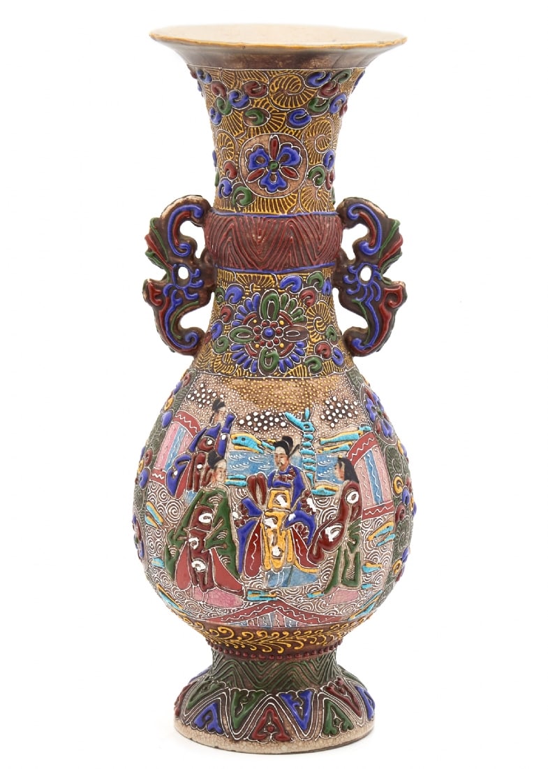 Antique Japanese Satsuma Vase Made of Pottery, Decorated with Moriage Enamel, Signed (1 of 4)