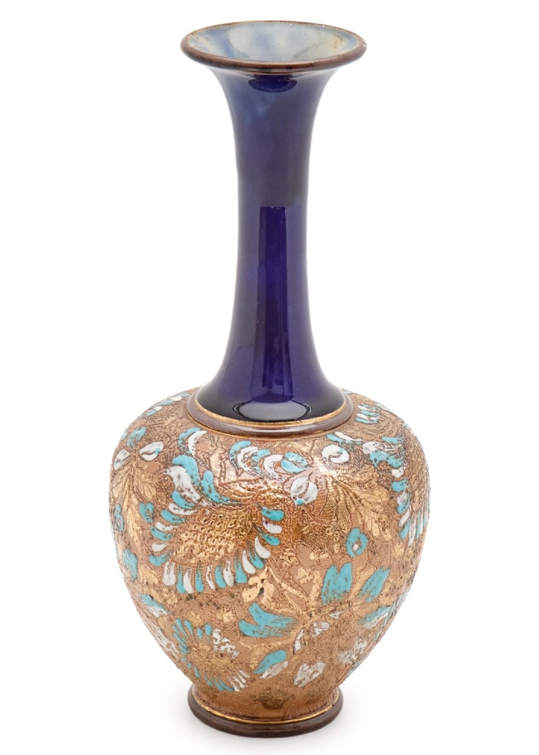 Antique English Ceramic Vase by Royal Doulton, Decorated with Enamel and Gold: Antique English Ceramic Vase by Royal Doulton, Decorated with Enamel and Gold, signed Height: 26 cm Notice: We are located in Israel and provide full packing and shipping service. You can ask us for