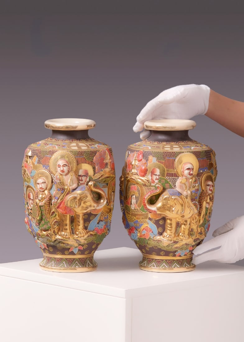 Pair of Japanese Satsuma Vases, Circa 1930-1940: Pair of Japanese Satsuma Vases, Circa 1930-1940, made of earthenware and decorated with Moriage enamel work, signed Height: 31 cm Width: 20 cm Notice: We are located in Israel and provide full pack