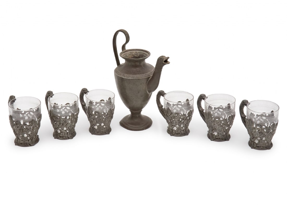 Art Nouveau Style Drink Set, Cup Holders with Swan Decoration, Matching Glasses and Pitcher: Art Nouveau Style Drink Set, Cup Holders with Swan Decoration, Matching Glasses and Pitcher, including 6 cup holders 6 matching glasses and a pitcher (damaged) Total width: 10 cm 