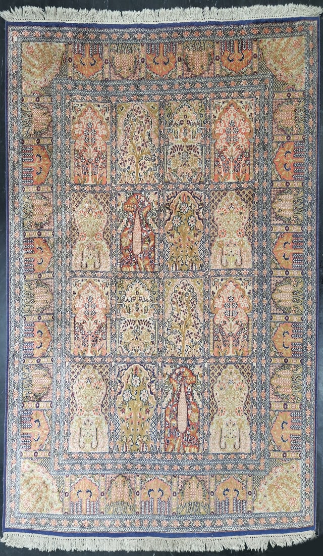 Kashmiri Silk Prayer Rug: Kashmiri Silk Prayer Rug, decorated with a symmetrical composition of prayer niches (mihrabs) Rich floral and oriental patterns Dimensions: 224x157 Notice: We are located in Israel and provide full