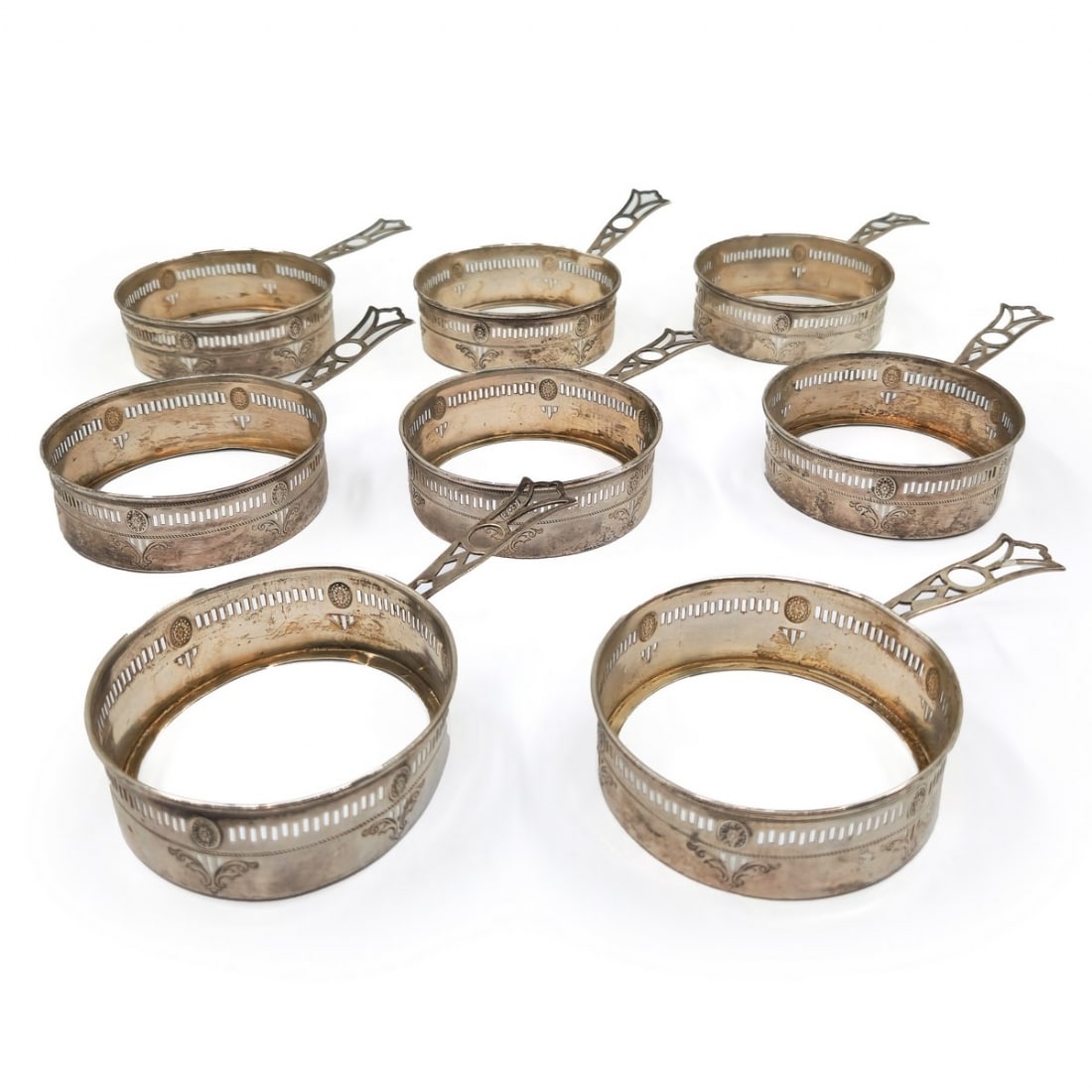Set of 8 Antique Silver Holders for Dishes (Only the Silver Holders): Set of 8 Antique Silver Holders for Dishes (Only the Silver Holders), made by: 'Webster' Massachusetts, USA (Silverware manufacturer active since 1869) Stamped 'Sterling' (925) Total weight: 262 grams
