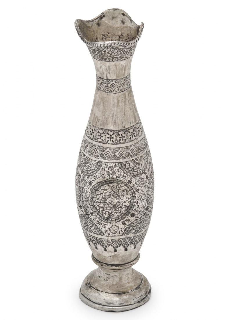 Persian Silver Vase, Hand-Decorated, Unsigned: Persian Silver Vase, Hand-Decorated, Unsigned, made of 840 silver, Weight: 220 grams Dent defect, general used condition consistent with age Height: 22 cm Notice: We are located in Israel and provide 