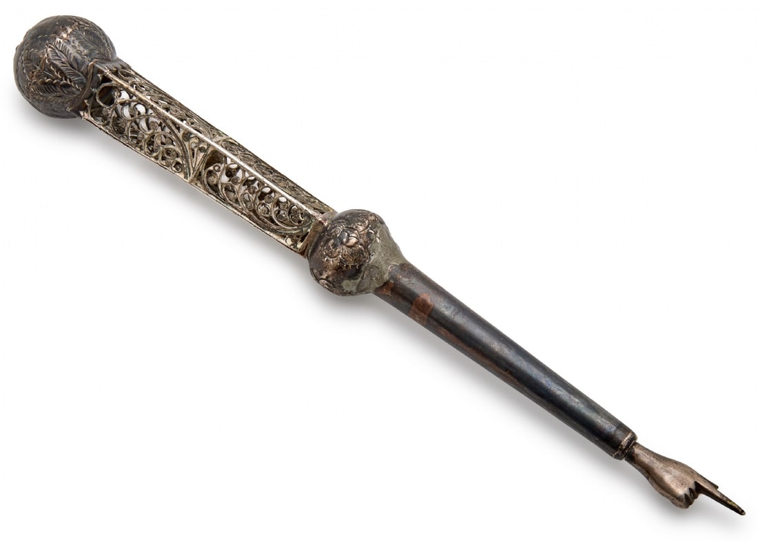 Antique Torah Pointer, Likely Poland, Second Half of the 19th Century, Made of Silver: Antique Torah Pointer, Likely Poland, Second Half of the 19th Century, Made of Silver, made of silver (over 800) decorated with filigree work, condition consistent with age Old repair (tin solder), un