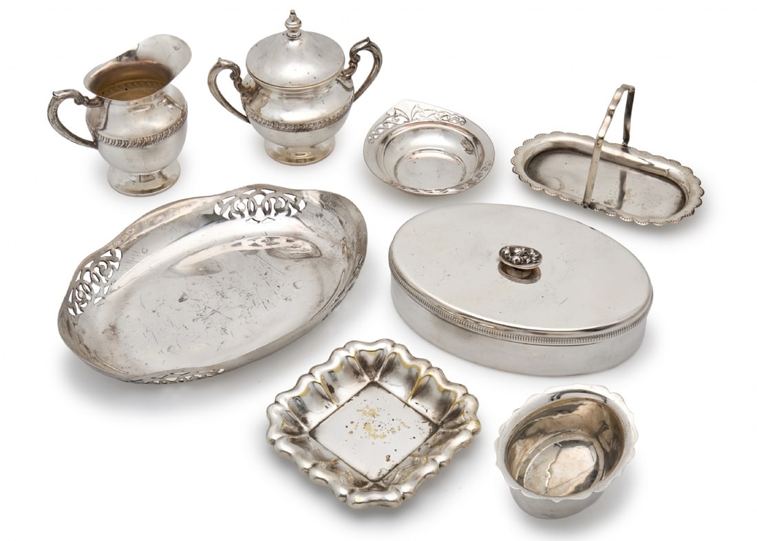 Eight Items Made of Metal and Silver-Plated, Some Signed: Eight Items Made of Metal and Silver-Plated, Some Signed, tray width: 26 cm Box width: 20 cm Pitcher height: 12 cm Notice: We are located in Israel and provide full packing and shipping service. You c