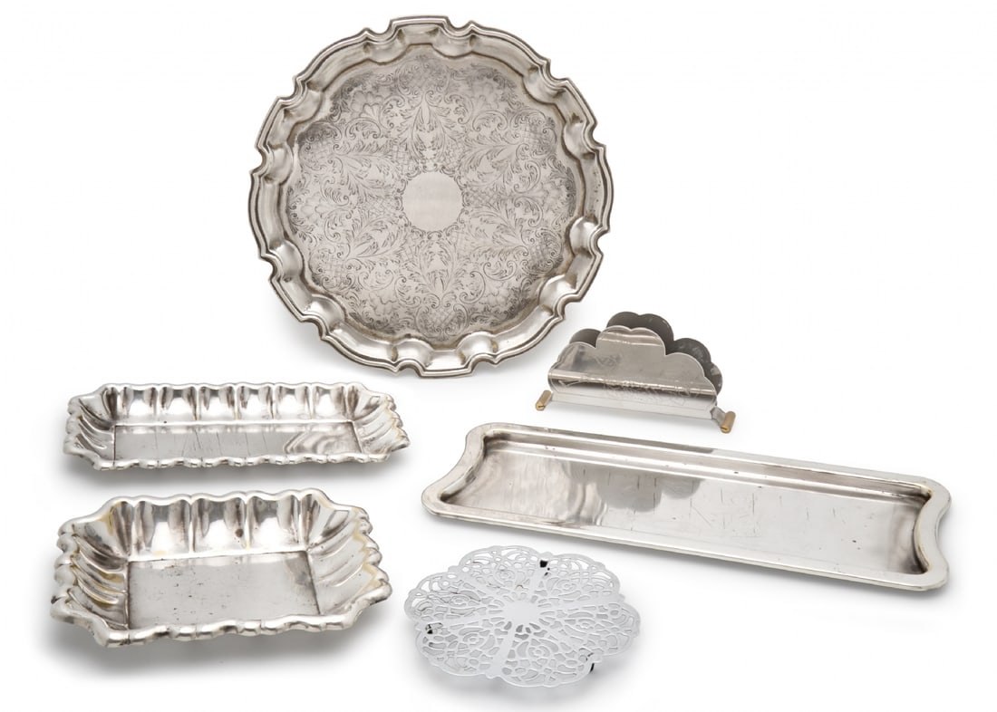 Six Items Made of Metal and Silver-Plated, Some Signed: Six Items Made of Metal and Silver-Plated, Some Signed, tray diameter: 32 cm Napkin holder height: 8 cm Notice: We are located in Israel and provide full packing and shipping service. You can ask us f