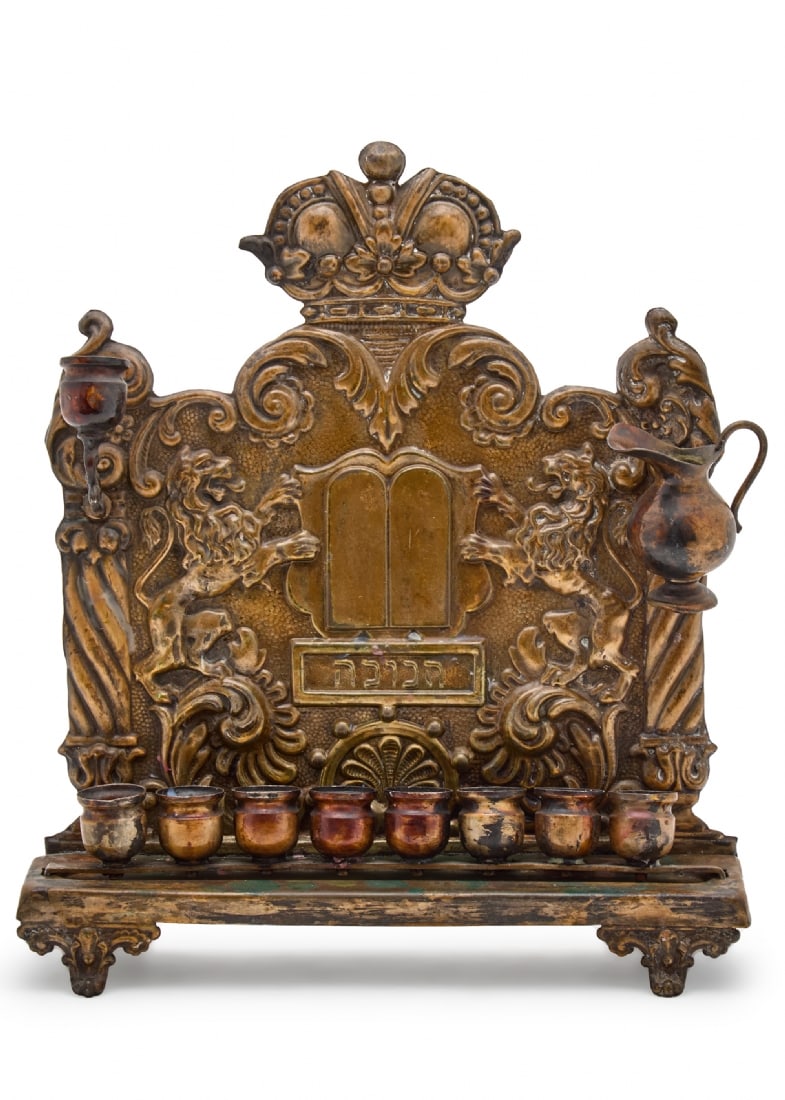 Antique Eastern European Hanukkah Lamp Made of Copper: Antique Eastern European Hanukkah Lamp Made of Copper, unsigned, likely Poland circa 1880-1930, (one leg detached, row of oil holders detached, and one holder also detached - see photos) Total height:
