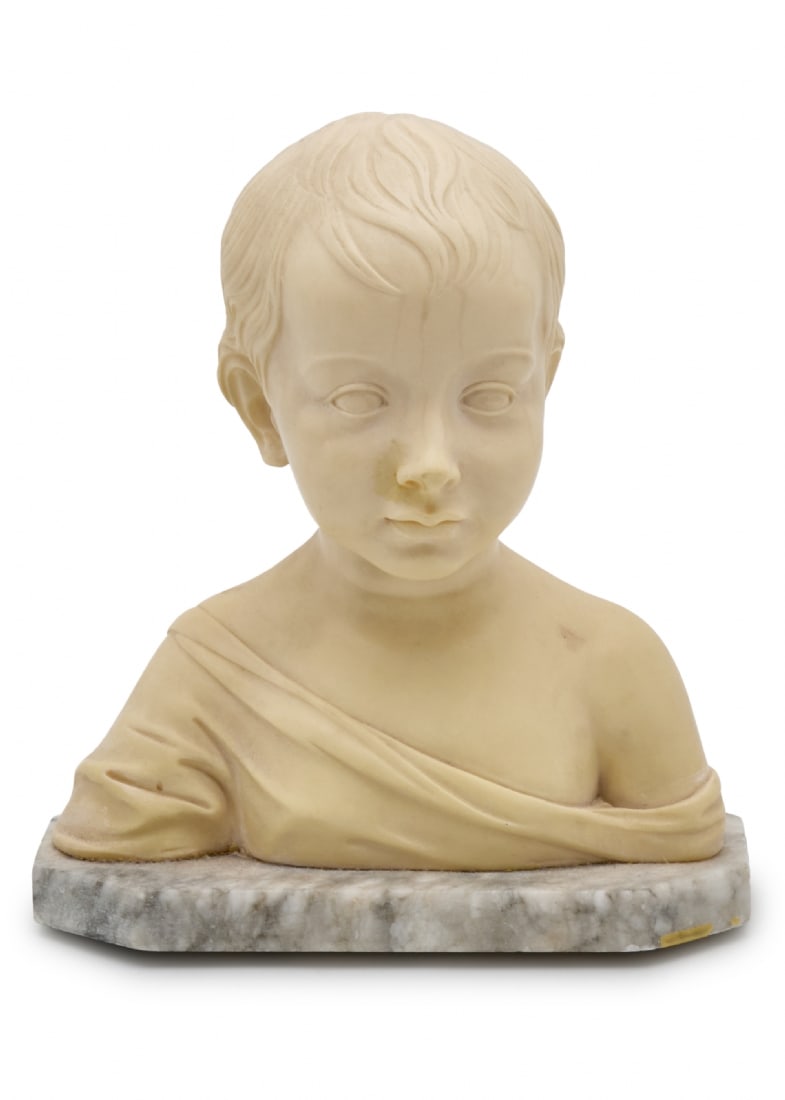 Decorative Bust of a Child by A. Giannelli, Based on the Famous Model Busto di Bambino: Decorative Bust of a Child by A. Giannelli, Based on the Famous Model Busto di Bambino, sculpture made of cast material on a marble base By Desiderio da Settignano From 1460 Dimensions: 17X19X10 cm No