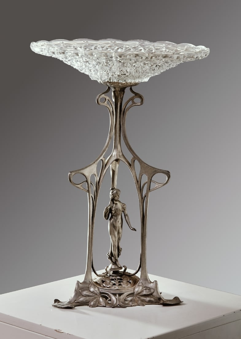 Art Nouveau Centerpiece Made of Pewter and Glass Bowl, Unsigned, Circa 1900 (1 of 8)