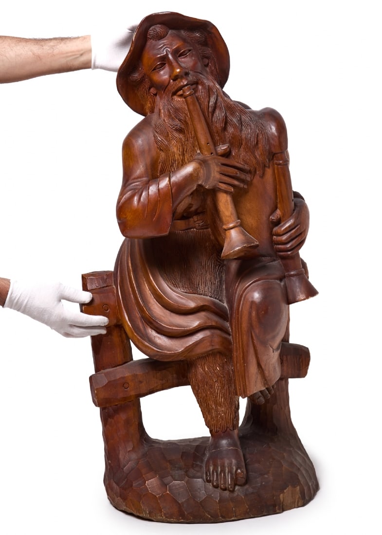 Large Wooden Floor Sculpture of a Flutist, Hand-Carved: Large Wooden Floor Sculpture of a Flutist, Hand-Carved, defects Height: 93 cm Width: 50 cm Depth: 27 cm Notice: We are located in Israel and provide full packing and shipping service. You can ask us f