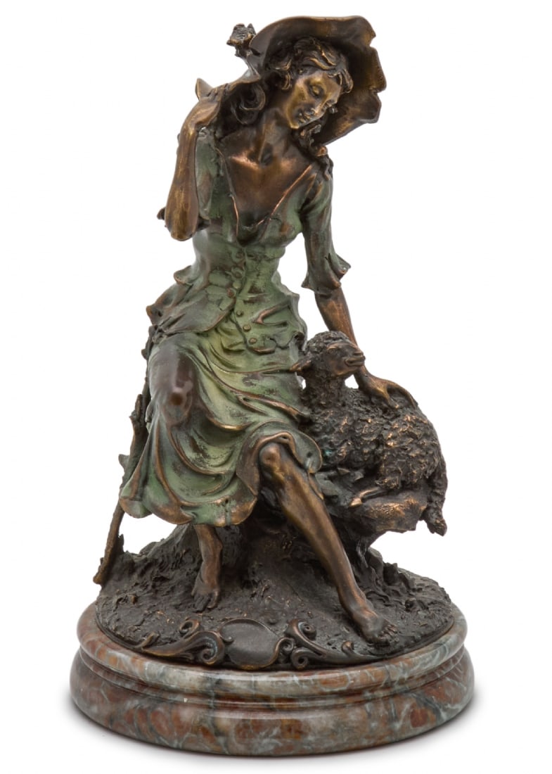 Sculpture Made of Spelter Depicting a Woman Sitting Beside a Sheep on a Marble Base: Sculpture Made of Spelter Depicting a Woman Sitting Beside a Sheep on a Marble Base, height: 31 cm Width: 17 cm Notice: We are located in Israel and provide full packing and shipping service. You can 