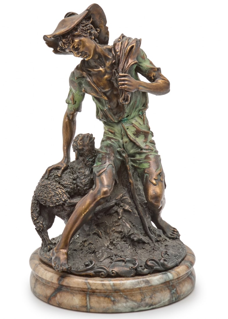 Impressive Metal Sculpture of a Shepherd and Sheep on a Marble Base: Impressive Metal Sculpture of a Shepherd and Sheep on a Marble Base, height: 32 cm Width: 19 cm Notice: We are located in Israel and provide full packing and shipping service. You can ask us for a shi