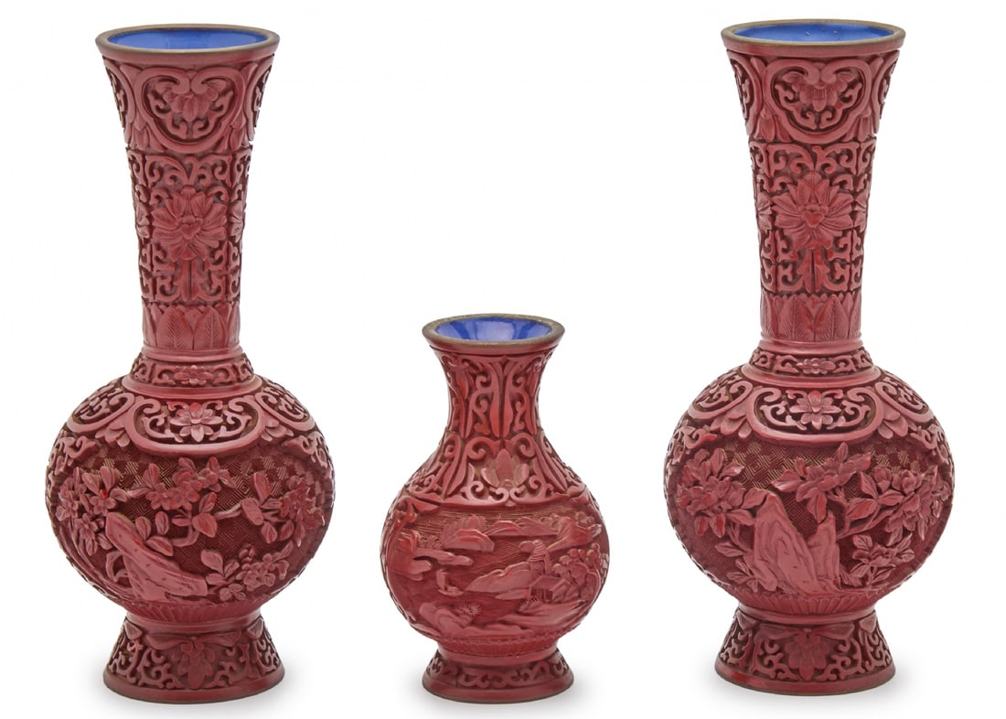 3 Chinese 'Red Cinnabar' Lacquer Items Made of Copper and Blue Enamel: 3 Chinese 'Red Cinnabar' Lacquer Items Made of Copper and Blue Enamel, exterior features red lacquer 'Red Cinnabar' with hand-decorated designs Heights respectively: 13.5, 23 cm Notice: We are located