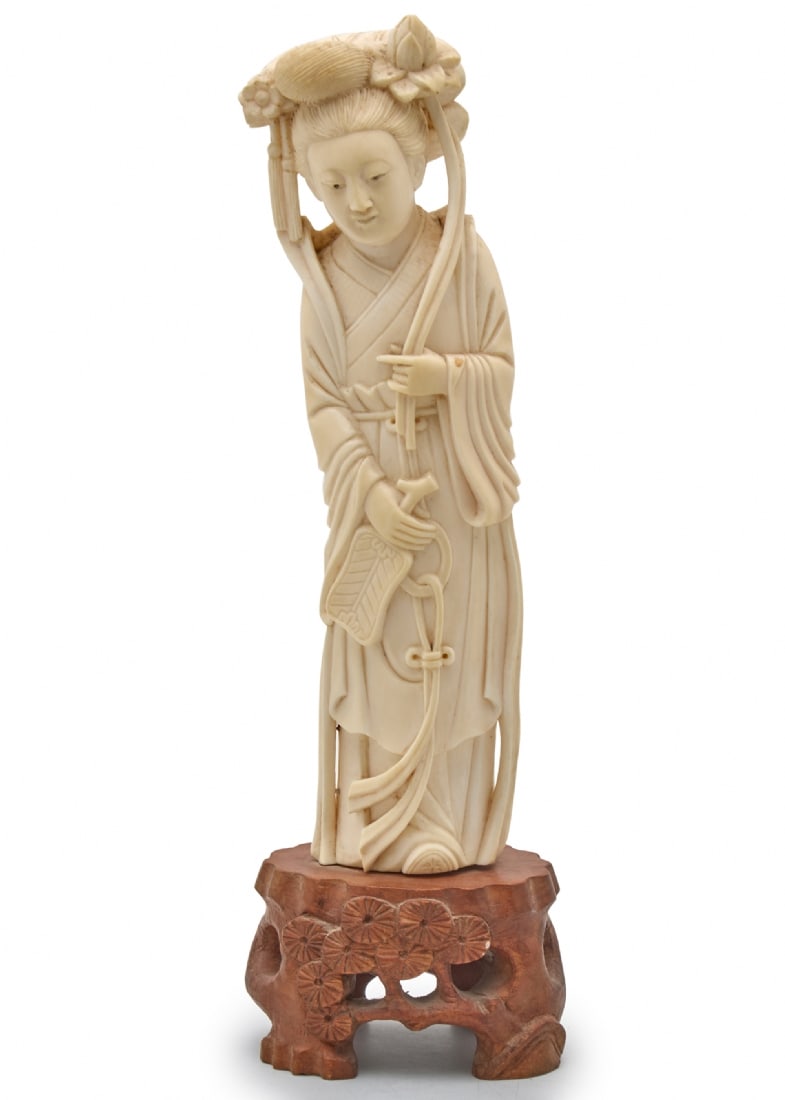 Antique and High-Quality Chinese Statue Made of Luxurious White Material, Hand-Carved, Wooden Base (1 of 5)