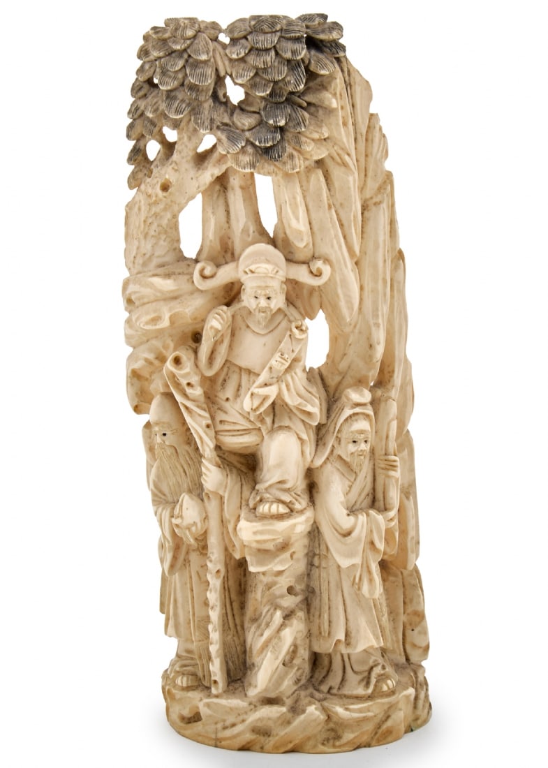 Antique and Beautiful Chinese Statue, Approximately 100 Years Old: Antique and Beautiful Chinese Statue, Approximately 100 Years Old, made of Hand-Carved Organic Material Depicting three Arhat monks (also known as Luohan), in the mountains, signed, particularly impre