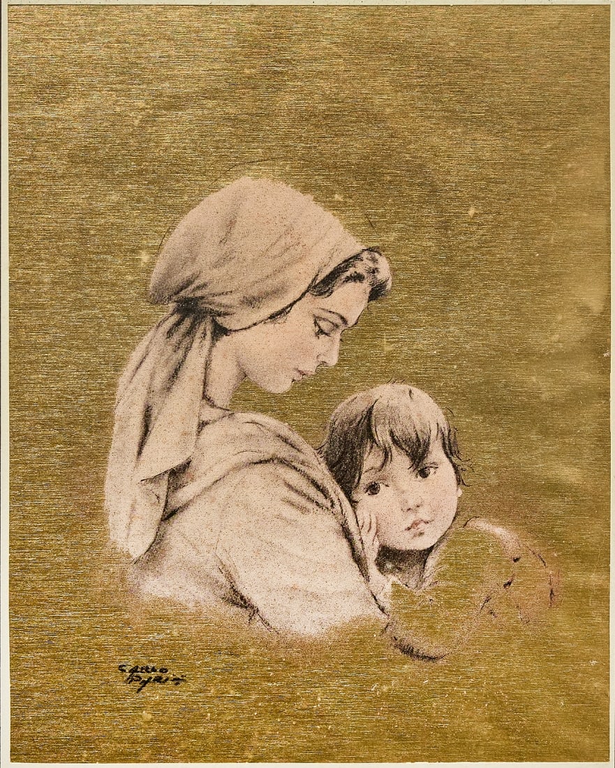 Carlo Parisi 'Maternal Aura', Painting on Gilded Surface, Signed: Carlo Parisi 'Maternal Aura', Painting on Gilded Surface, Signed, 1970s 30X23 cm Frame 43X38 cm Notice: We are located in Israel and provide full packing and shipping service. You can ask us for a shi