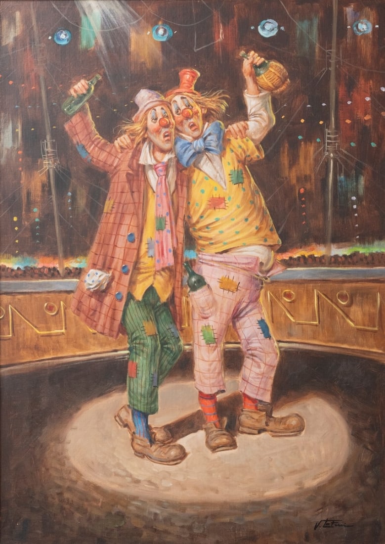 Two drunken clowns - signed oil on canvas: Two drunken clowns - signed oil on canvas, dimensions: 72x52 cm Frame dimensions: 90x71 cm Notice: We are located in Israel and provide full packing and shipping service. You can ask us for a shipping