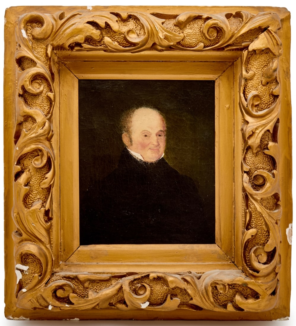 Portrait of a Man – Oil Painting on Canvas in an Impressive Gilded Frame: Portrait of a Man – Oil Painting on Canvas in an Impressive Gilded Frame, depicts a male figure in an early European style Wear and tear consistent with age, cracks in the paint Dimensions: 24X22 cm