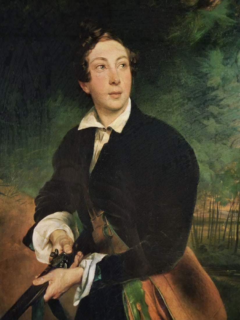 Framed Print After 'Portrait of Count Alexei Konstantinovich Tolstoy in His Youth' from 1836: Framed Print After 'Portrait of Count Alexei Konstantinovich Tolstoy in His Youth' from 1836, painted by the Russian artist Karl Bryullov, depicting Tolstoy as a young hunter, future poet, and playwri