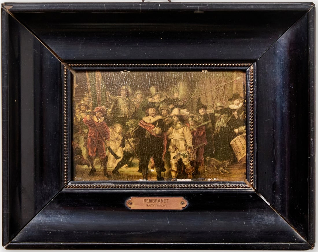 Miniature Picture After Rembrandt's Night Watch, Lacquered Print on Copper Plate: Miniature Picture After Rembrandt's Night Watch, Lacquered Print on Copper Plate, set in an antique frame Dimensions: 9.5X14.5 cm Frame dimensions: 18X22 cm Notice: We are located in Israel and provid