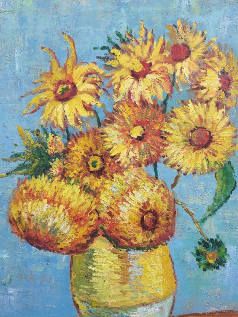 Large Painting After Van Gogh's Sunflowers, Oil on Canvas, Unsigned: Large Painting After Van Gogh's Sunflowers, Oil on Canvas, Unsigned, dimensions: 90X60 cm Frame: 98X69 cm Notice: We are located in Israel and provide full packing and shipping service. You can ask us