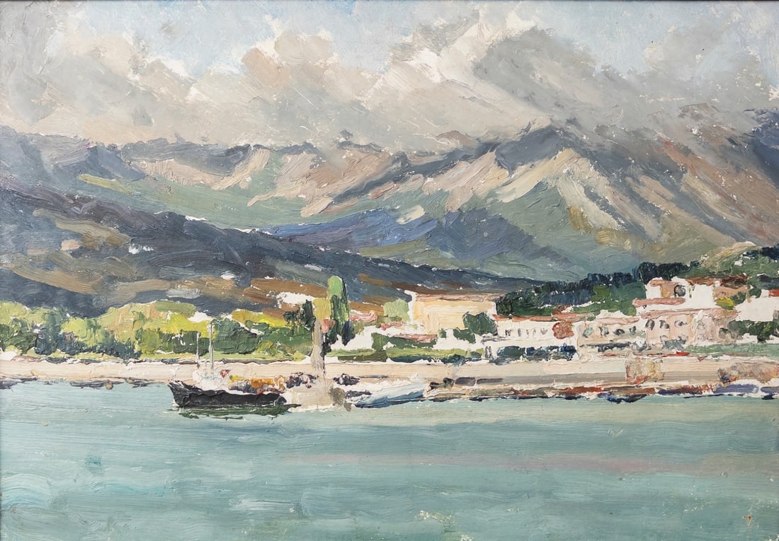 Boris Stepanovich Zharkov (Boris Stepanovich Zharkov) Port view oil on panel, unsigned: Boris Stepanovich Zharkov (Boris Stepanovich Zharkov) Port view oil on panel, unsigned, image dimensions: 46x67 cm Frame dimensions: 56x77 cm Notice: We are located in Israel and provide full packing 