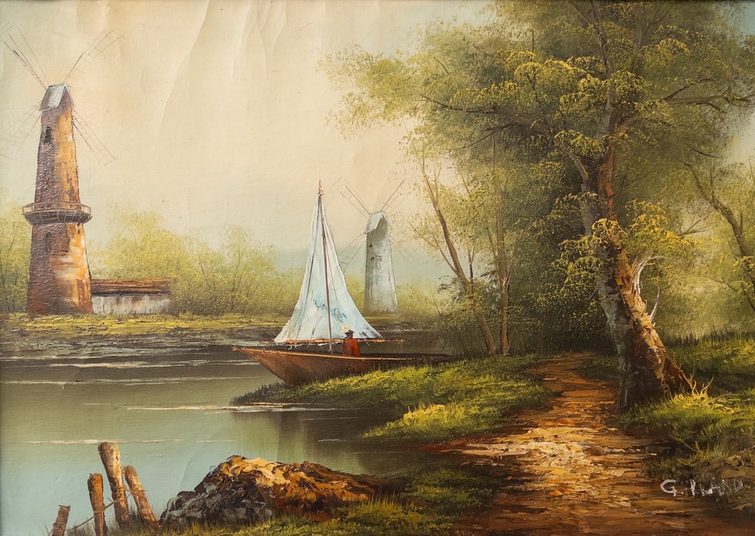 'Windmill and White Sailboat' - Oil on Canvas, Signed (1 of 5)