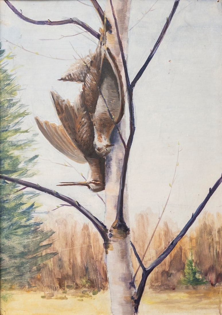 'Hunting Birds' - Russian Oil Painting on Cardboard, Unsigned, Unknown Artist: 'Hunting Birds' - Russian Oil Painting on Cardboard, Unsigned, Unknown Artist, defect (photographed). Image dimensions: 69x48 cm Frame dimensions: 79x59 cm Notice: We are located in Israel and provide