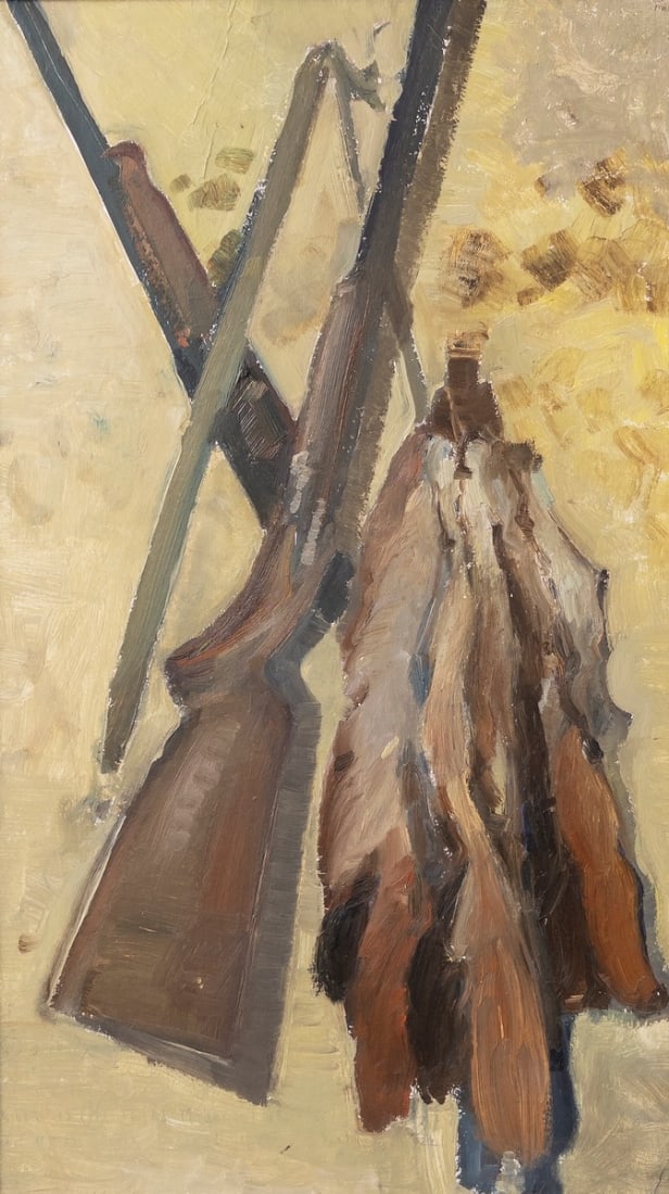 Guns and game meat - Russian painting, oil on panel, not signed, unknown artist: Guns and game meat - Russian painting, oil on panel, not signed, unknown artist, image dimensions: 66x37 cm Frame dimensions: 76x46 cm Notice: We are located in Israel and provide full packing and shi