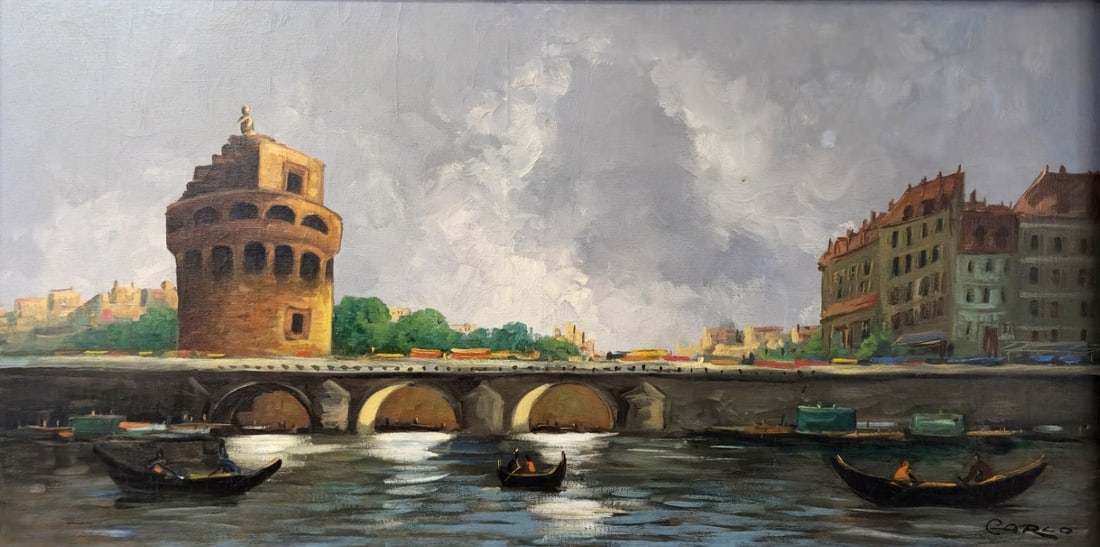 Boats Against a Bridge - Large Italian Painting, Oil on Canvas, Signed CARLO: Boats Against a Bridge - Large Italian Painting, Oil on Canvas, Signed CARLO, small old repair; the painting is detached from the frame Dimensions: 61 x 123 cm Frame dimensions: 84 x 147 cm Notice: We