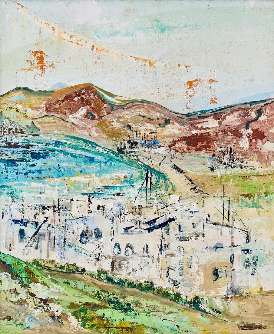 'White Fishing Village', Oil on French Canvas, Unsigned: 'White Fishing Village', Oil on French Canvas, Unsigned, dimensions: 60X50 cm Frame: 72X61 cm Notice: We are located in Israel and provide full packing and shipping service. You can ask us for a shipp