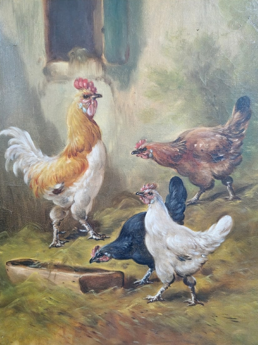 Paul Schouten (1868-1922) 'Roosters in a Coop', Signed: Paul Schouten (1868-1922) 'Roosters in a Coop', Signed, european painting, oil on canvas, minor canvas imperfections. Dimensions: 70X60 cm Frame: 78X68 cm Notice: We are located in Israel and provide 