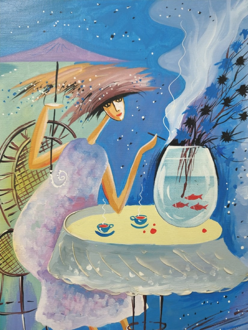 'Woman and Goldfish in an Aquarium' Acrylic on Canvas Mounted on Cardboard: 'Woman and Goldfish in an Aquarium' Acrylic on Canvas Mounted on Cardboard, signed alex. Dimensions: 64X46 cm. Frame: 77X59 cm Notice: We are located in Israel and provide full packing and shipping se