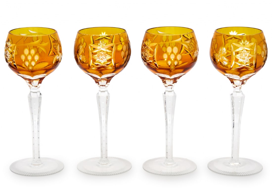 Four Bohemian Crystal Glasses in Amber Hue with Decorative Engraving: Four Bohemian Crystal Glasses in Amber Hue with Decorative Engraving, glass height: 21.5 cm Notice: We are located in Israel and provide full packing and shipping service. You can ask us for a shippin