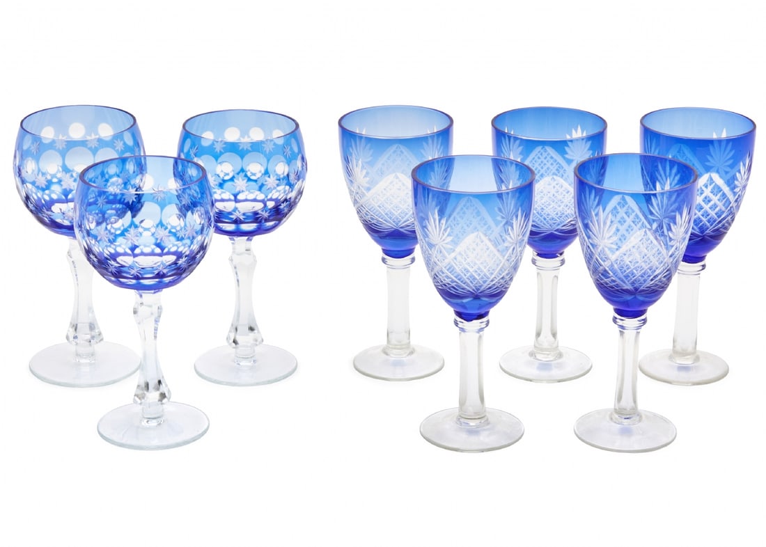 Set of Eight Blue Cut Crystal Wine/Liqueur Glasses: Set of Eight Blue Cut Crystal Wine/Liqueur Glasses, includes 5 glasses in cobalt blue cut-to-clear style and 3 hand-cut crystal glasses with engraved decorations Height: 13.5-14 cm Notice: We are loca