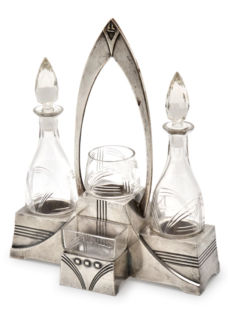 Antique German Jugendstil Sauce Set: Antique German Jugendstil Sauce Set, antique German Art Nouveau geometric cruet set by W.M.F, made of silver-plated pewter and polished crystal, signed, circa 1900 Total Length: 20 cm Total Height: 25