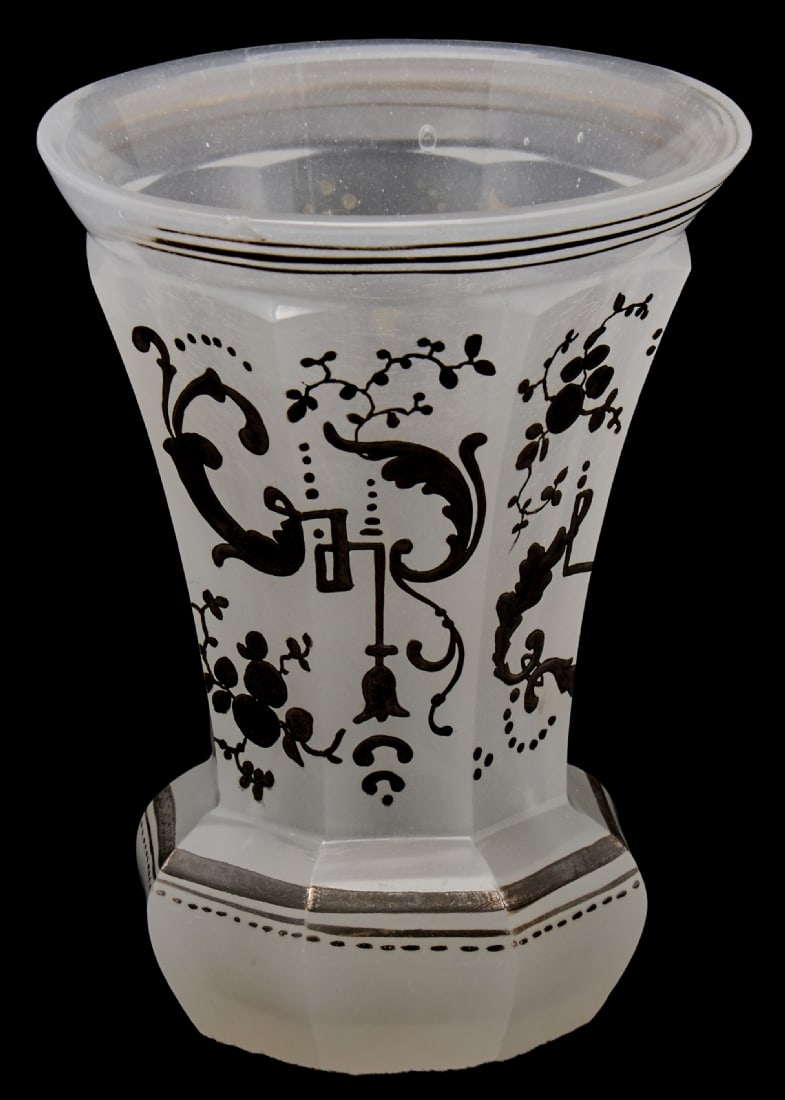 Antique Bohemian Glass Cup with Decorations: Antique Bohemian Glass Cup with Decorations, wear to decoration, small chip on cup Height: 12 cm Notice: We are located in Israel and provide full packing and shipping service. You can ask us for a sh