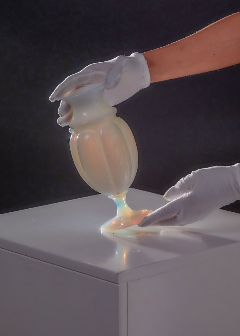 Godronne Vase in Opalescent Crystal Opaline: Godronne Vase in Opalescent Crystal Opaline, made of opaline crystal glass with a soapy finish (Opaline de Cristal Savonneuse) With vertical grooves (Godronne) and an opalescent foot Made in S?vres, F
