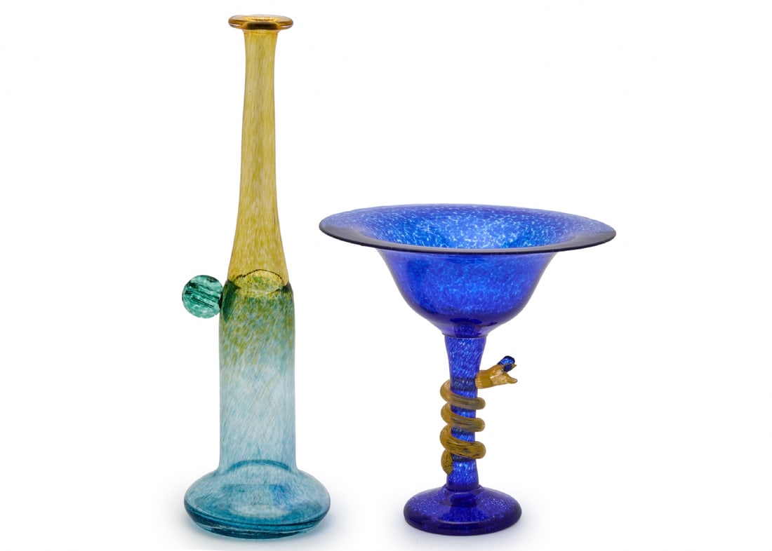 Pair of Scandinavian Art Glass Pieces, Signed: Pair of Scandinavian Art Glass Pieces, Signed, large vase model “Windpipe” in shades of green-yellow with transparency transition Narrow and elongated body with a decorative side element, desi