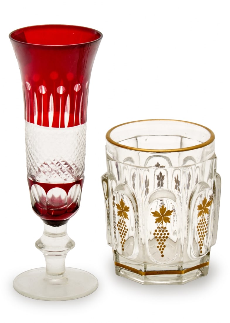 Pair of Antique Crystal Glasses Cut to Clear Bordeaux with Gold Engraving, 19th Century: Pair of Antique Crystal Glasses Cut to Clear Bordeaux with Gold Engraving, 19th Century, crystal glass “Cut to Clear” in Bordeaux shade – 19th century Height: 20 cm Crystal glass with facets