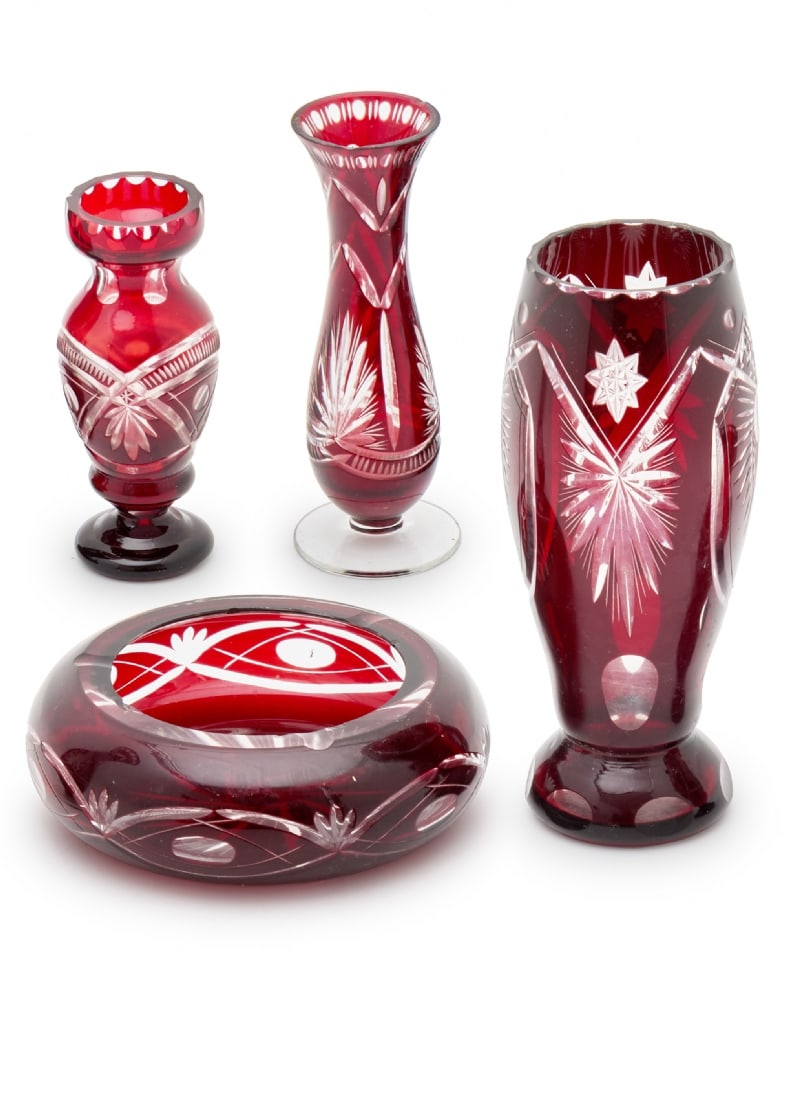 Four Bohemian Glass Pieces in Red Crystal, Hand-Polished (1 of 2)