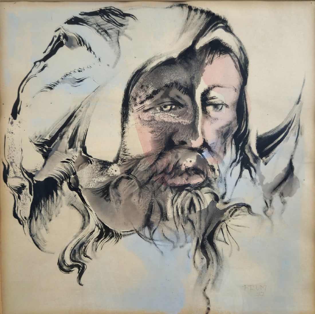 'Jew Wrapped in a Tallit' - Watercolor on Paper: 'Jew Wrapped in a Tallit' - Watercolor on Paper, signed: Brum and dated: 1977 Dimensions: 30X30 cm Frame dimensions: 47X47 cm Notice: We are located in Israel and provide full packing and shipping