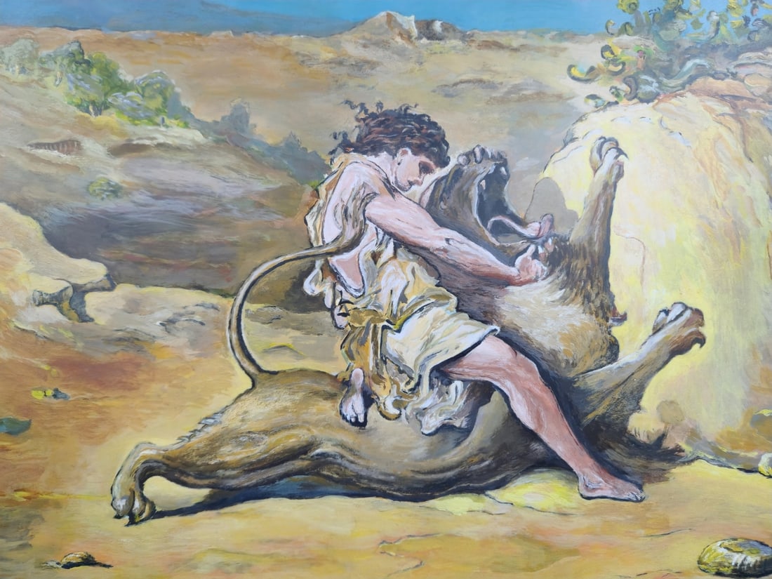 Moshe Edelstein - 'Samson and the Lion', Oil on Paper (1 of 3)