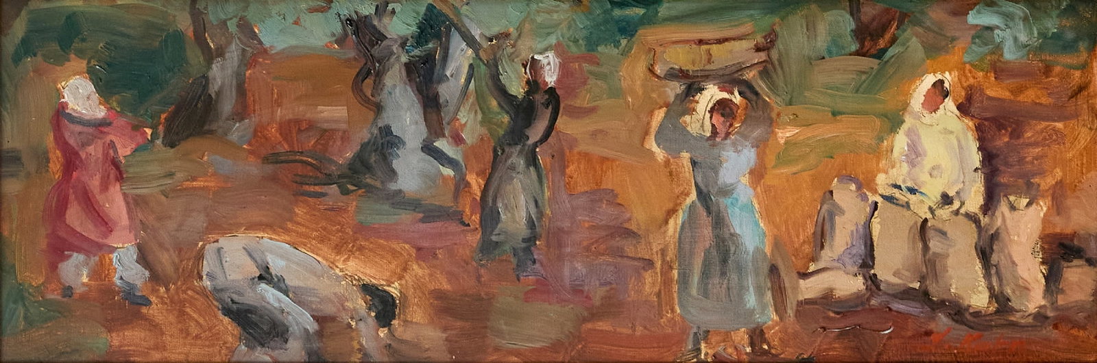 Leo Kahn - 'Arab Women Harvesting Olives' Oil on Board, Signed (1 of 2)