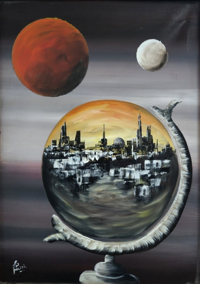 Caleb Politi 'Surreal City' - Oil Painting on Canvas, Signed: Caleb Politi 'Surreal City' - Oil Painting on Canvas, Signed, dimensions: 70X50 cm Frame dimensions: 77X57 cm Notice: We are located in Israel and provide full packing and shipping service. You can as