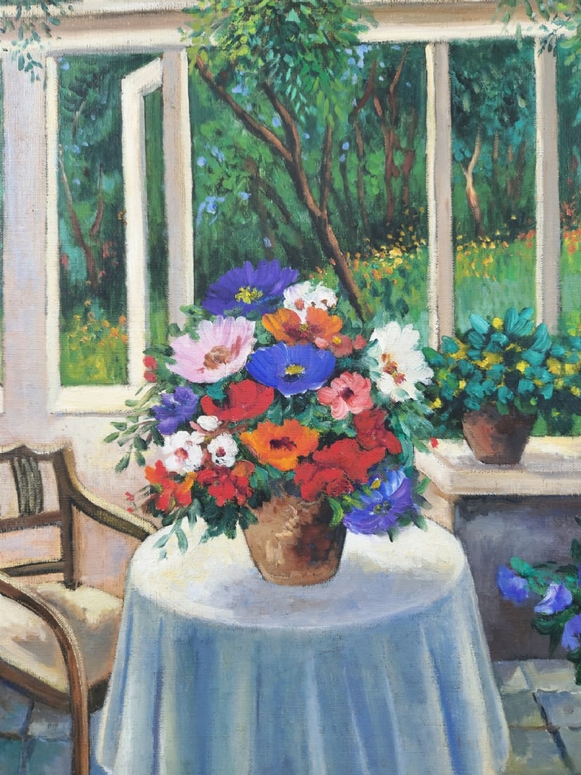Hedi Kohn - 'Flowers on the Balcony', Large Oil on Canvas: Hedi Kohn - 'Flowers on the Balcony', Large Oil on Canvas, signature covered (reason unknown) Dimensions: 61X51 cm Frame dimensions: 85X76 cm Notice: We are located in Israel and provide full packing 