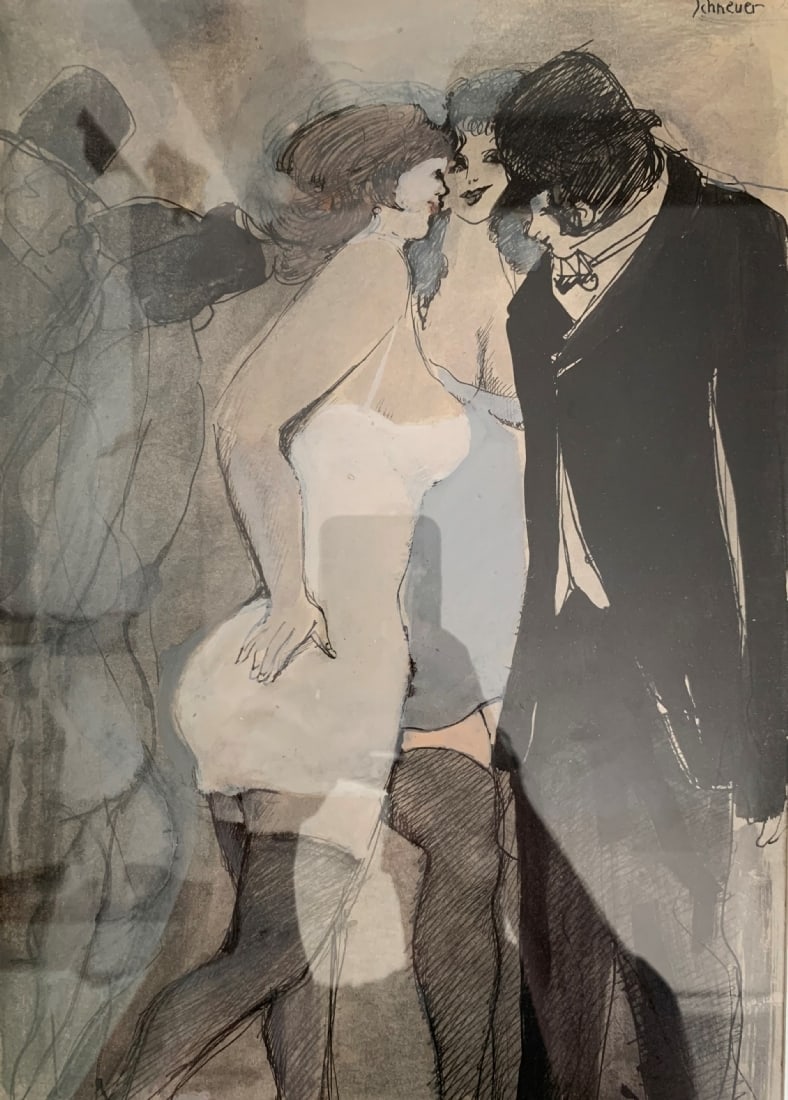 David Shneor (1905-1988) - 'Banker and Two Prostitutes', Gouache on Paper, Signed: David Shneor (1905-1988) - 'Banker and Two Prostitutes', Gouache on Paper, Signed, dated: 1975 Dimensions: 34X24.5 cm Notice: We are located in Israel and provide full packing and shipping service. Yo
