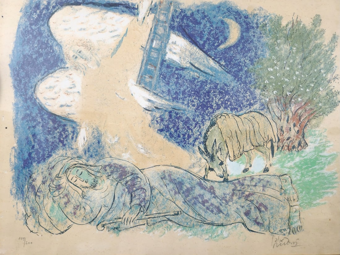 Reuven Rubin - 'Jacob's Ladder', Large and Beautiful Lithograph, Signed in Pencil: Reuven Rubin - 'Jacob's Ladder', Large and Beautiful Lithograph, Signed in Pencil, numbered 119/200 Dimensions: 51X67 cm Frame: 76X89 cm Notice: We are located in Israel and provide full packing and s