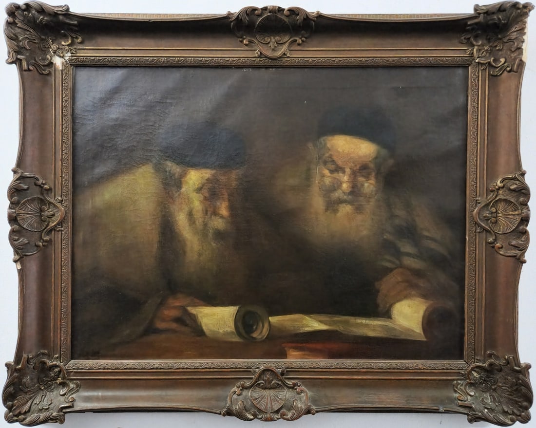 Two Jews Studying Torah - Antique European Painting from the Late 19th or Early 20th Century: Two Jews Studying Torah - Antique European Painting from the Late 19th or Early 20th Century, unknown artist, oil on canvas, signed. Two tiny paint chips. Set in a fine antique frame with defects. Dim